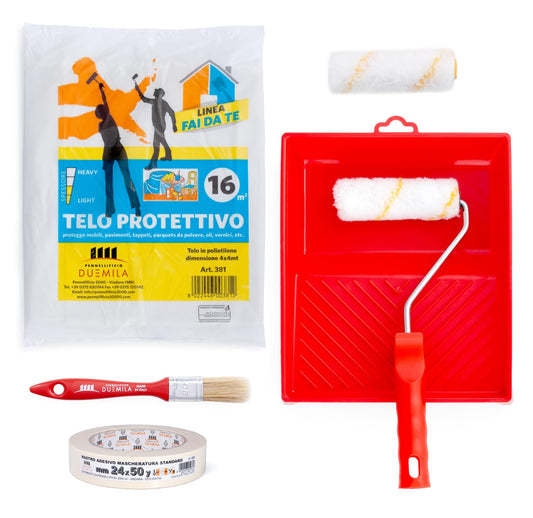 PENNELLIFICIO 2000 | Kit per Verniciatura di Bordi, Con 1 Rullino, 1 Pennello, 1 Vaschetta, Nastro mascheratura, Telo Protettivo e Ricambio Rullino, Set Bordi, Kit Pittura - Made in Italy