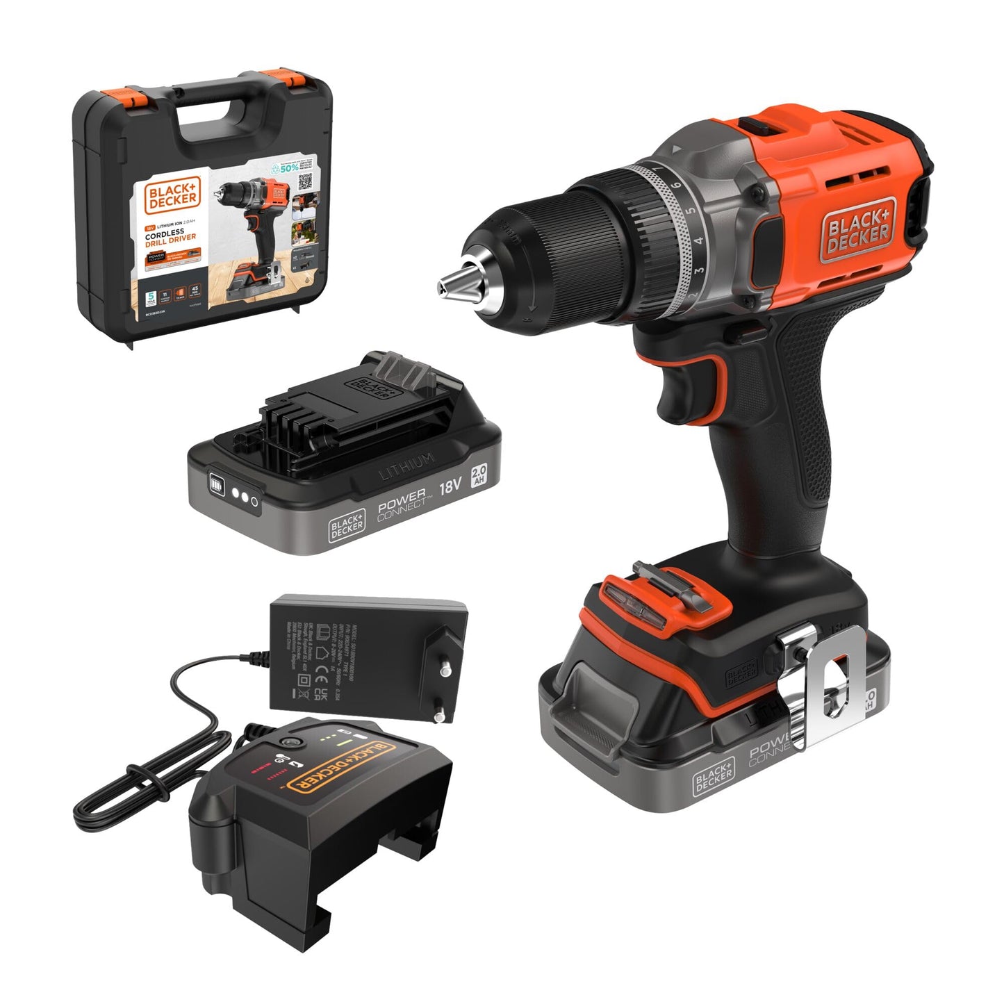 BLACK+DECKER POWERCONNECT™ 18V Trapano avvitatore a batteria con 2 batterie da 2,0Ah, caricatore da 1A e kitbox, BCD382D2XK-QW