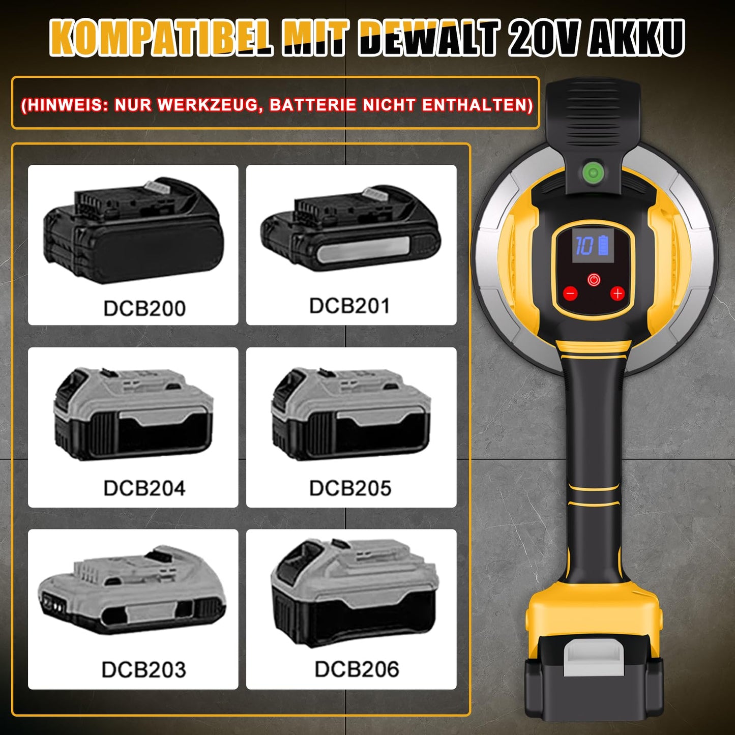 Piastrelle a batteria, compatibile con batteria Dewalt da 20 V, vibratore per piastrelle a 10 marce, display digitale, ventosa da 14,5 cm e assorbimento da 150 kg per la posa di piastrelle da 0,3 a