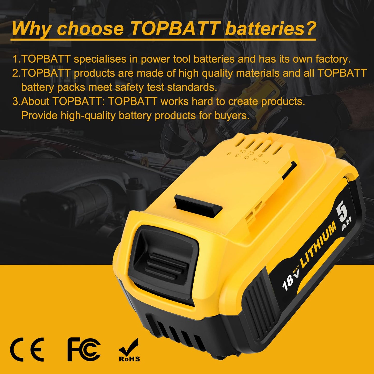 2 pezzi Topbatt 5000mAh Sostituzione per Dewalt batteria 18V per Dewalt batteria per Dewalt batteria 18V 5ah DCB184 DCB180 DCB181 DCB182 DCB200 DCB201 DCB204 con indicatore LED