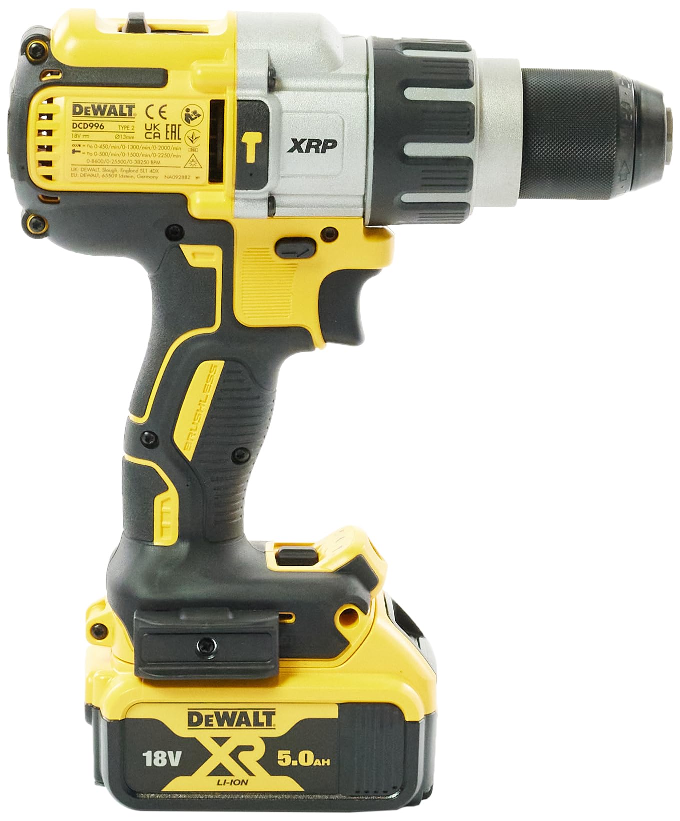 DeWalt DCD996P2-QW Trapano Avvitatore a Percussione, 3 Velocità, 5.0 Ah, Motore Brushless, con Doppia Batteria in Valigetta TSTAK, 18 V, giallo;nero;argento, 1/2_pollice