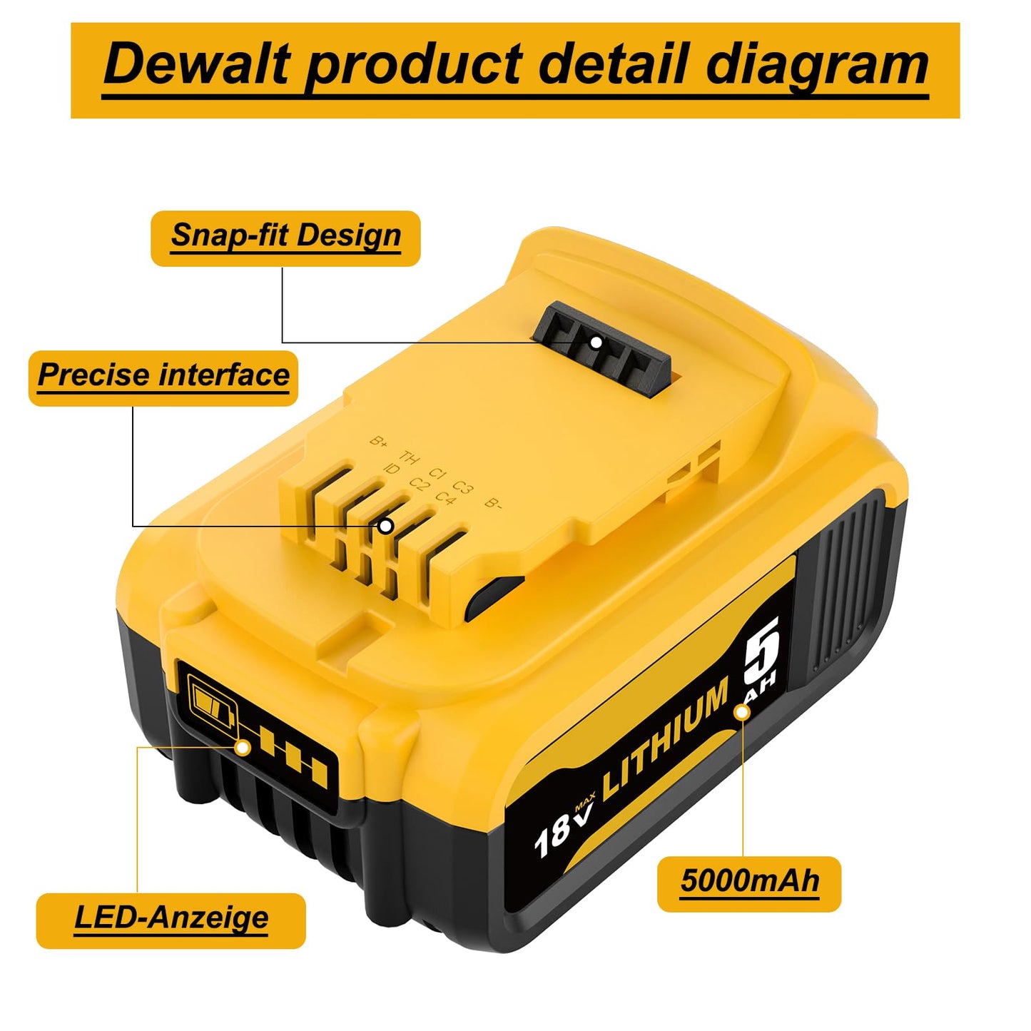 2 pezzi Topbatt 5000mAh Sostituzione per Dewalt batteria 18V per Dewalt batteria per Dewalt batteria 18V 5ah DCB184 DCB180 DCB181 DCB182 DCB200 DCB201 DCB204 con indicatore LED