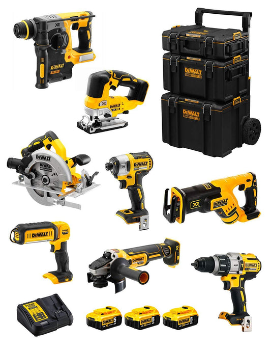 DeWALT Kit DWK805 (DCD996 + DCH273 + DCG405 + DCF887 + DCS334 + DCS367 + DCS570 + DCL050 + 3 Batterie 5,0 Ah + Caricabatterie + Caddy 3en1)