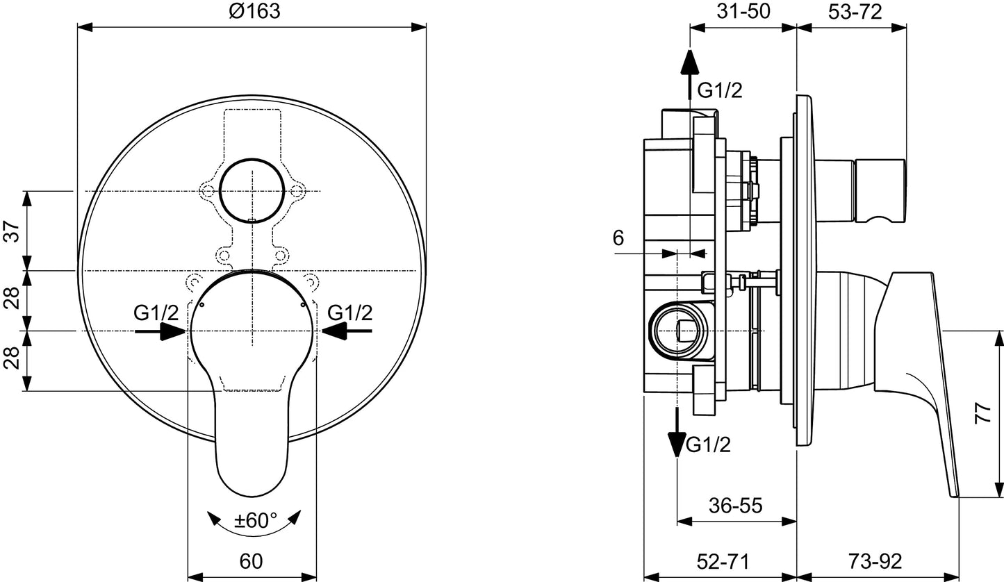 Ideal Standard - Cerabase, Miscelatore monocomando per vasca o doccia ad incasso, Due vie, Kit completo di corpo incasso, Cromato