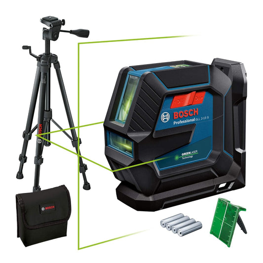 Bosch Professional Livella Laser GLL 2-15 G,laser verde, da interno, supporto LB 10, treppiedi BT 150, raggio d'azione visibile fino a 15 m, 4x batterie AA, confezione in cartone