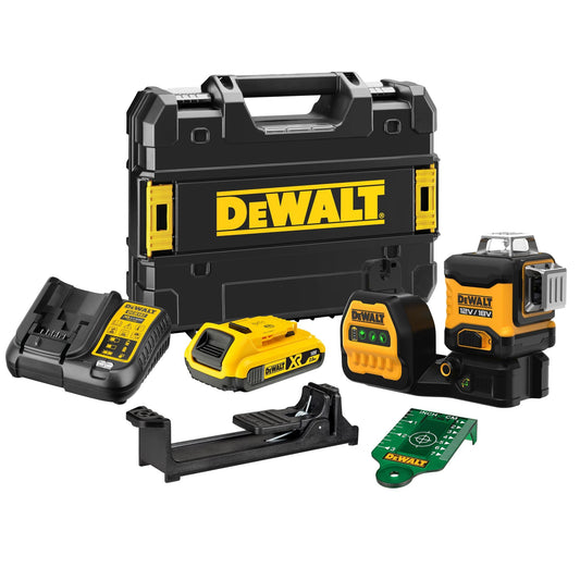 DeWalt, DᴇWalt, DCE089D1G, QW Laser 3 Linee 360° XR Litio 10,8V, 2,0Ah, Giallo/Nero, Raggio Verde