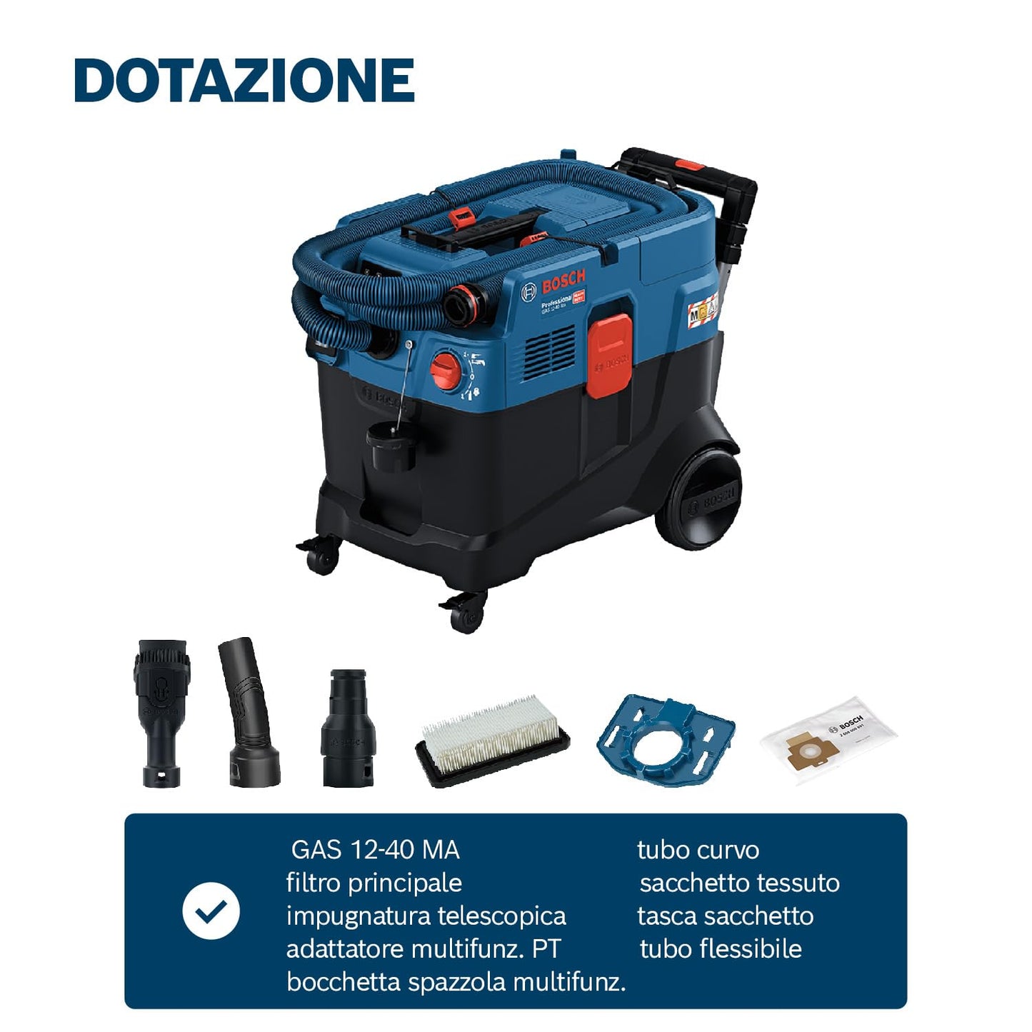 Bosch Professional Aspiratore universale GAS 12-40 MA (1200 W, sistema pulizia filtro autom. (AFC), incl. filtro principale, tubo flessibile, adattatore multifunz. PT, bocchetta spazzola multifunz.)