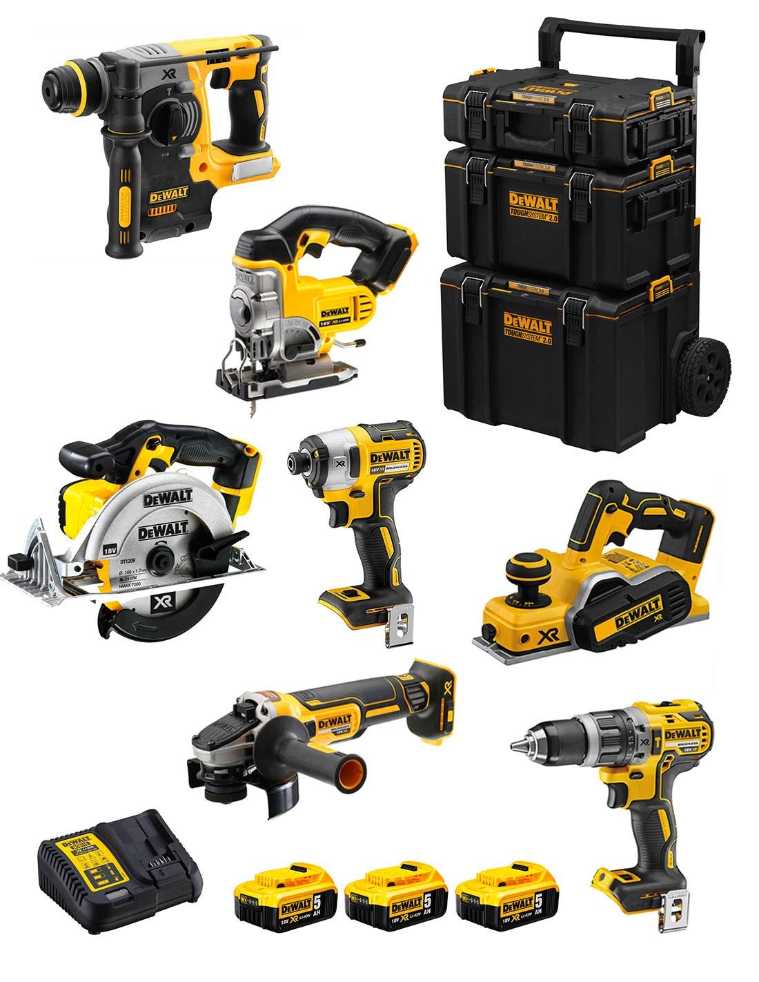 DeWALT Kit DWK700 (DCD796 + DCH273 + DCG405 + DCF887 + DCS331 + DCS391 + DCP580 + 3 Batterie 5,0 Ah + Caricabatterie + Caddy 3en1)