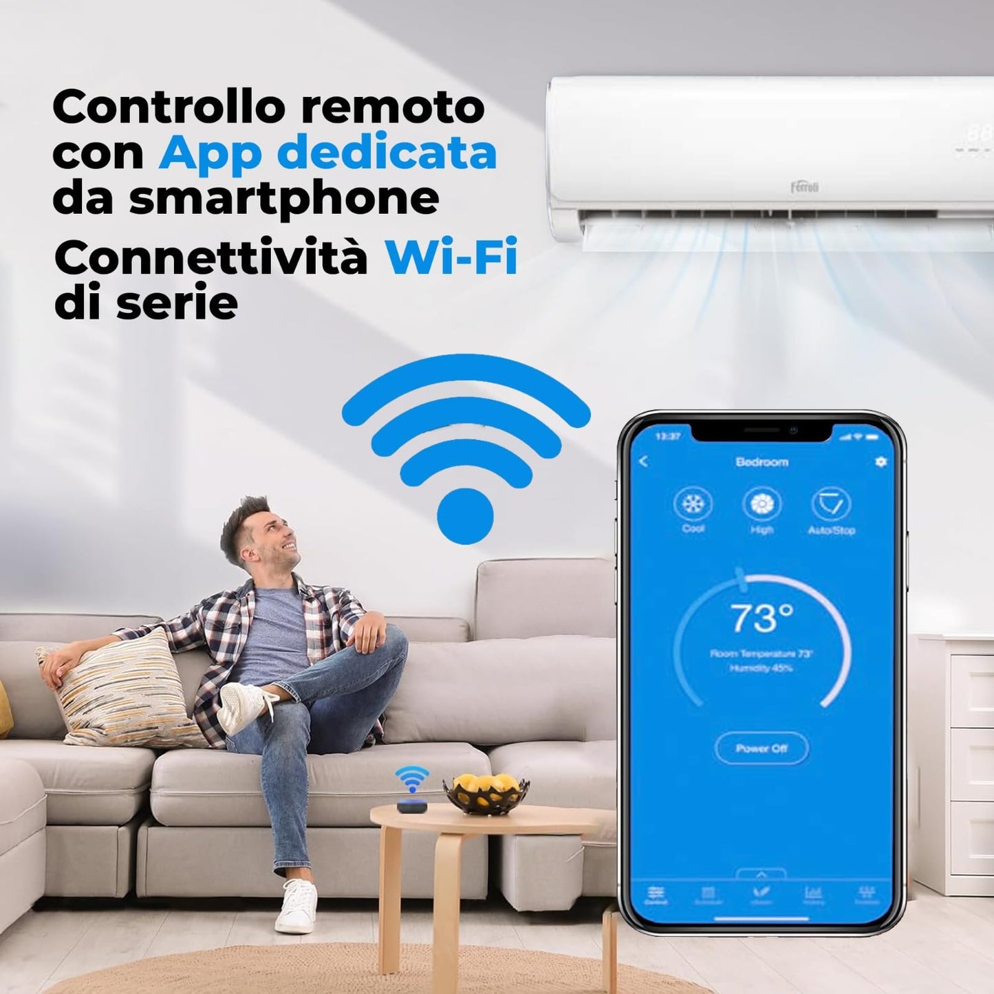 Condizionatore Monosplit Ferroli 9000 BTU AMBRA S Inverter con Unità Interna ed Esterna - Auto Pulizia e Telecomando con App - Pompa di Calore - R-32 Wi-Fi - Classe Energetica A++