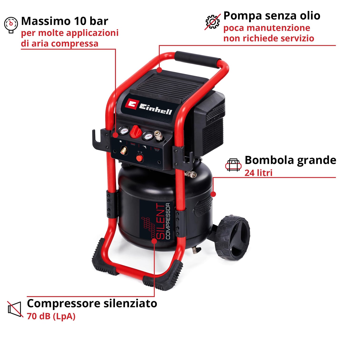 Einhell Compressore TE-AC 240/24 Silent (1500 W, max. 10 bar, serbatoio da 24 l, potenza di aspirazione 240 l/min, compressore silenziato da 70 dB, 2 manometri, riduttore di pressione)