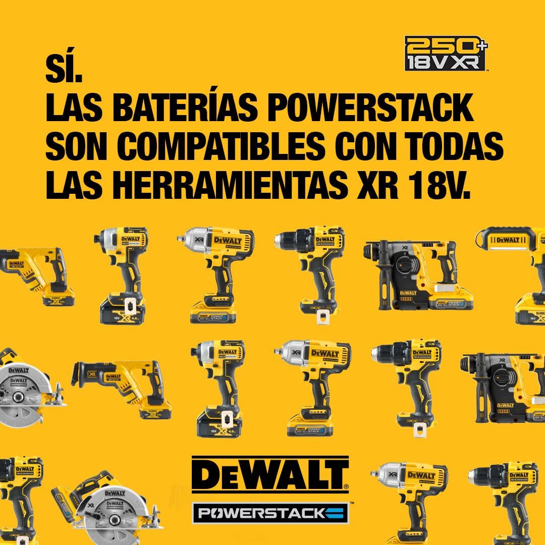 Dewalt Powerstack - Kit batteria da 18 Volt DCB1102E2 (1,7 Ah, innovativa tecnologia a celle Pouch, utilizzabile in tutte le macchine a batteria da 18 V XR, con indicatore di capacità tramite LED, con