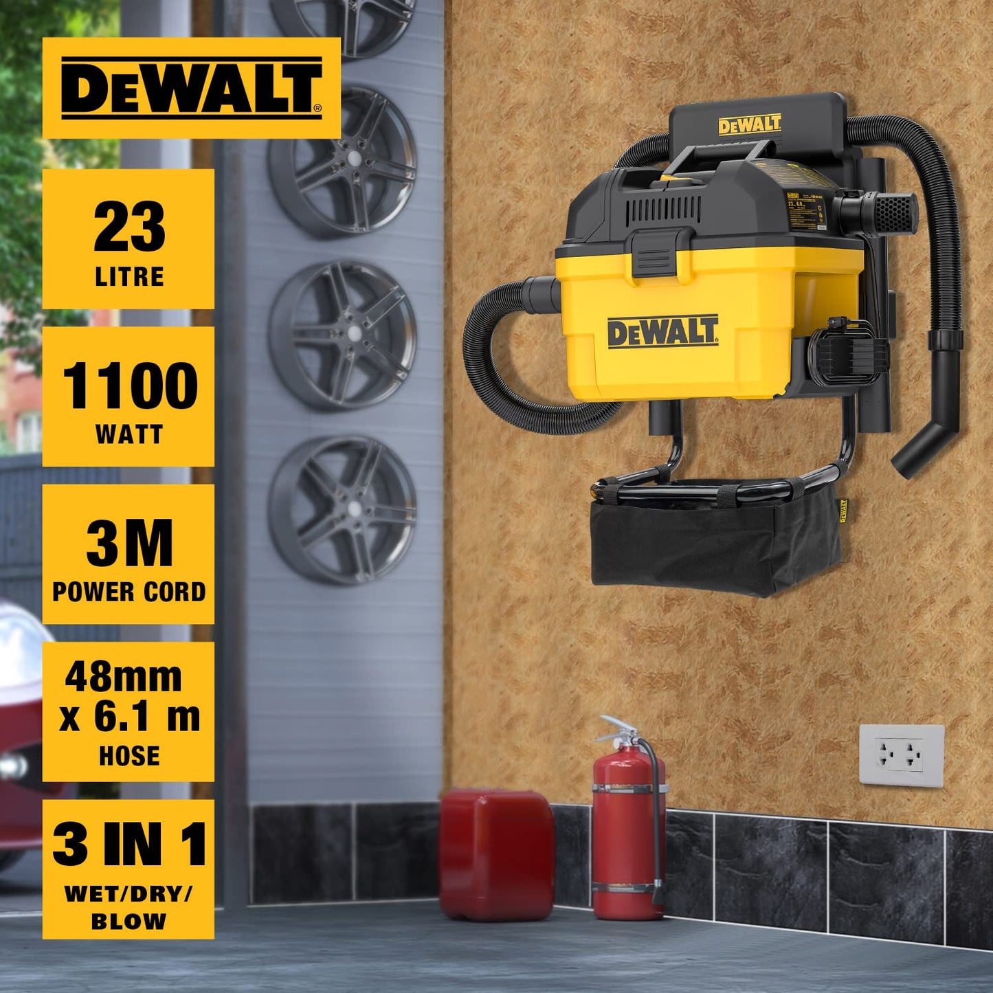 DeWalt 23 L Portatile Aspirapolvere per Solidi e Liquidi da per Garage, 1100 W, DXV23G