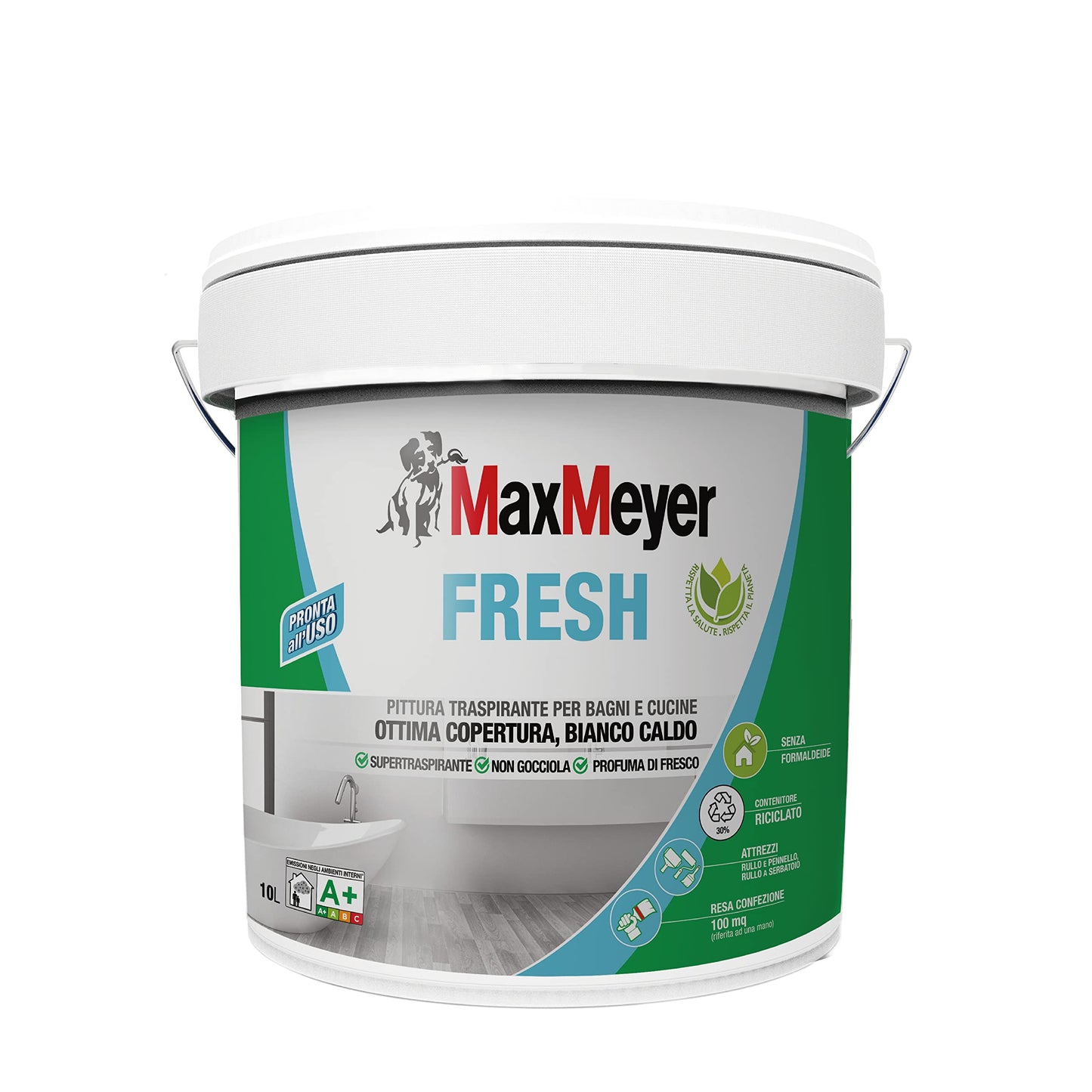 MaxMeyer Fresh - Pittura per interni Bagni& Cucine Fresh A+ e priva di formaldeide, Bianco Caldo, 10 L