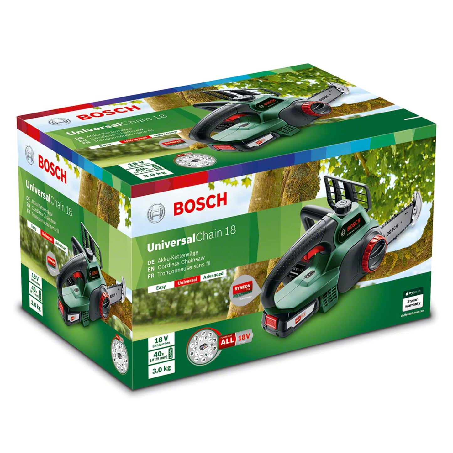 Bosch Motosega Elettrosega UniversalChain 18 (batteria da 2.5 Ah, caricabatteria, sistema SDS, lunghezza barra: 200 mm, sistema da 18 V, confezione in cartone)