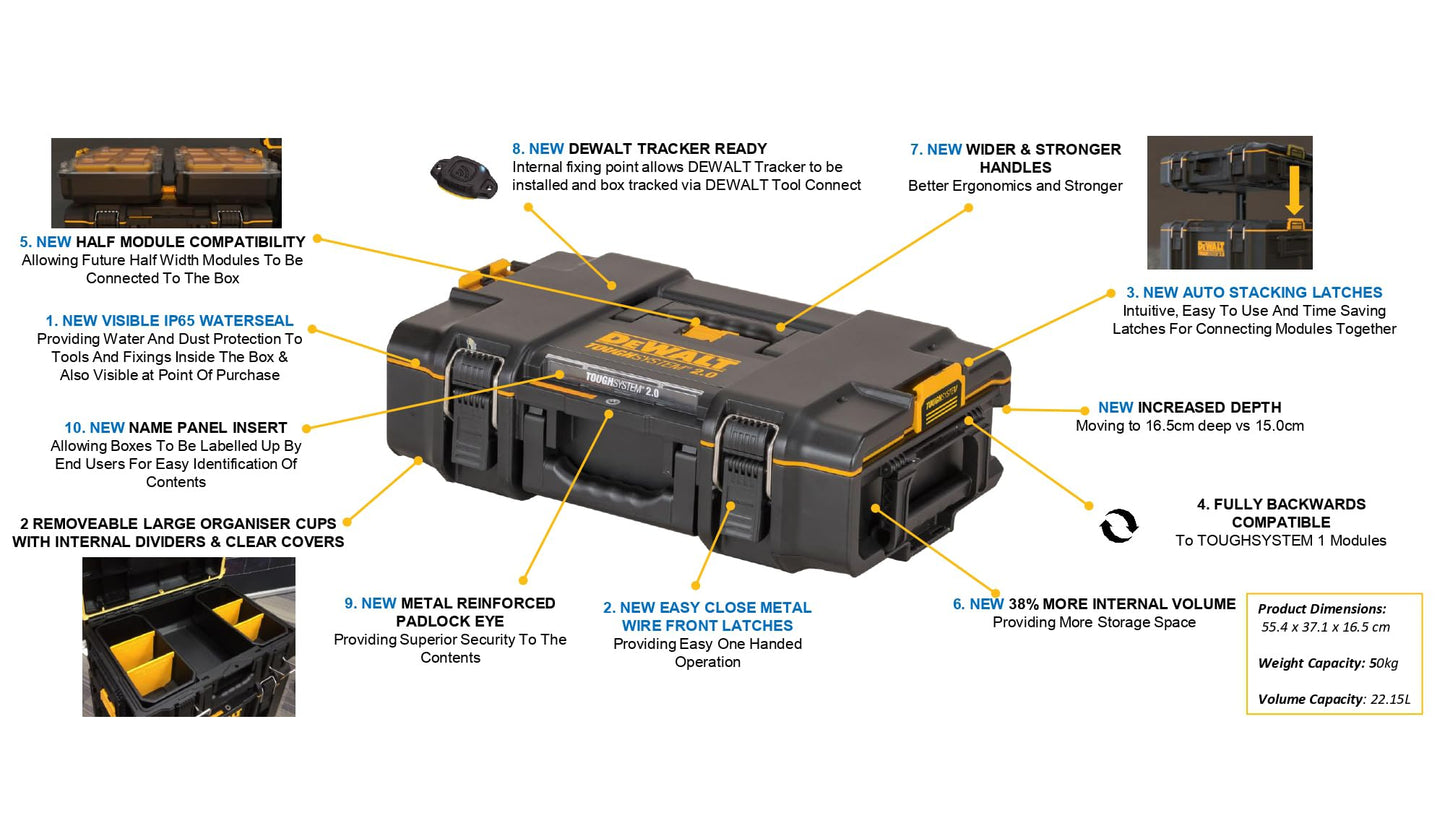 DEWALT DS165, DWST83293-1 (ToughSystem 2.0, Piccola Cassetta degli Attrezzi per Uso Generale, IP65 – Antipolvere e Resistente agli Spruzzi, Max. Portata 50 kg