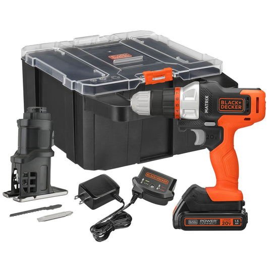 BLACK+DECKER MATRIX 20 V MAX Kit di trapano, con accessorio per seghetto alternativo, custodia di stoccaggio, batteria e caricabatterie (BDCDMT1202KTJC1)