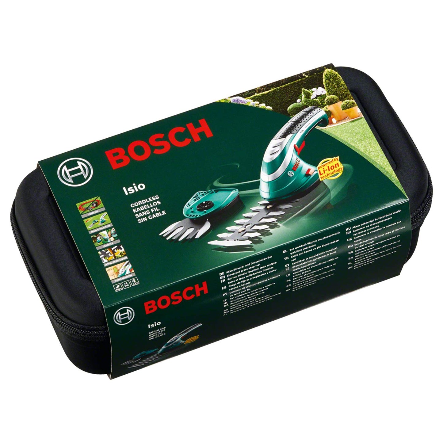 Bosch 600833102 Tosaerba e Sfoltirami a Batteria Isio Set, 3.6 Volt, Lunghezza Lama Arbusti/Erba 12 cm/8 cm, in Cartone, Nero/Verde