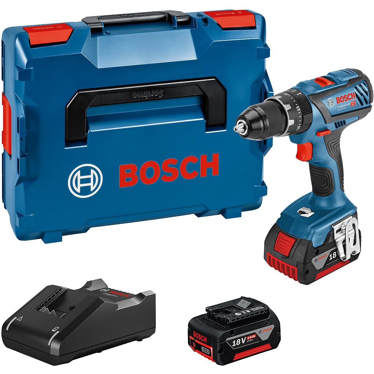 Bosch Professional Trapano a Percussione a Batteria 18 V System GSB 18 V - 28 (Coppia Massima 63 Nm, incl. Batteria 2x4.0 Ah, Caricatore GAL 18 V-40, L-BOXX)