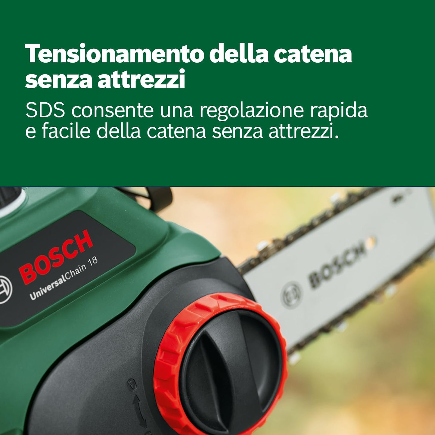 Bosch Motosega Elettrosega UniversalChain 18 (batteria da 2.5 Ah, caricabatteria, sistema SDS, lunghezza barra: 200 mm, sistema da 18 V, confezione in cartone)