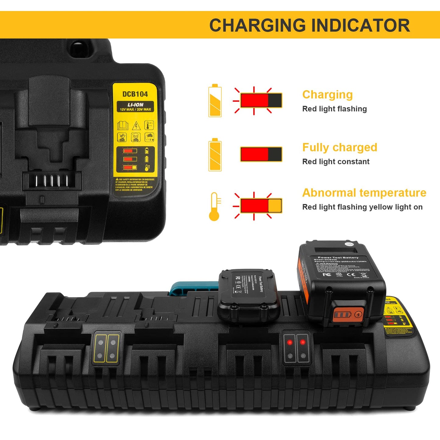 ASUNCELL 4 Porte Caricabatterie Compatibile con Dewalt DCB104 18V Piattaforma XR, 3A Caricabatterie per Batterie 12V-20V MAX, Compatibile con Dewalt 18V DCB batteria di ricambio(con 2 porte USB 2.1A)