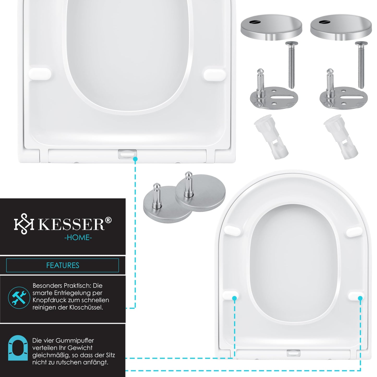 KESSER® Sedile per WC con meccanismo Soft-Close, Funzione di sgancio rapido e Soft-Close - in Duroplast con fissaggio in acciaio inox, WC Sedile a Forma di D