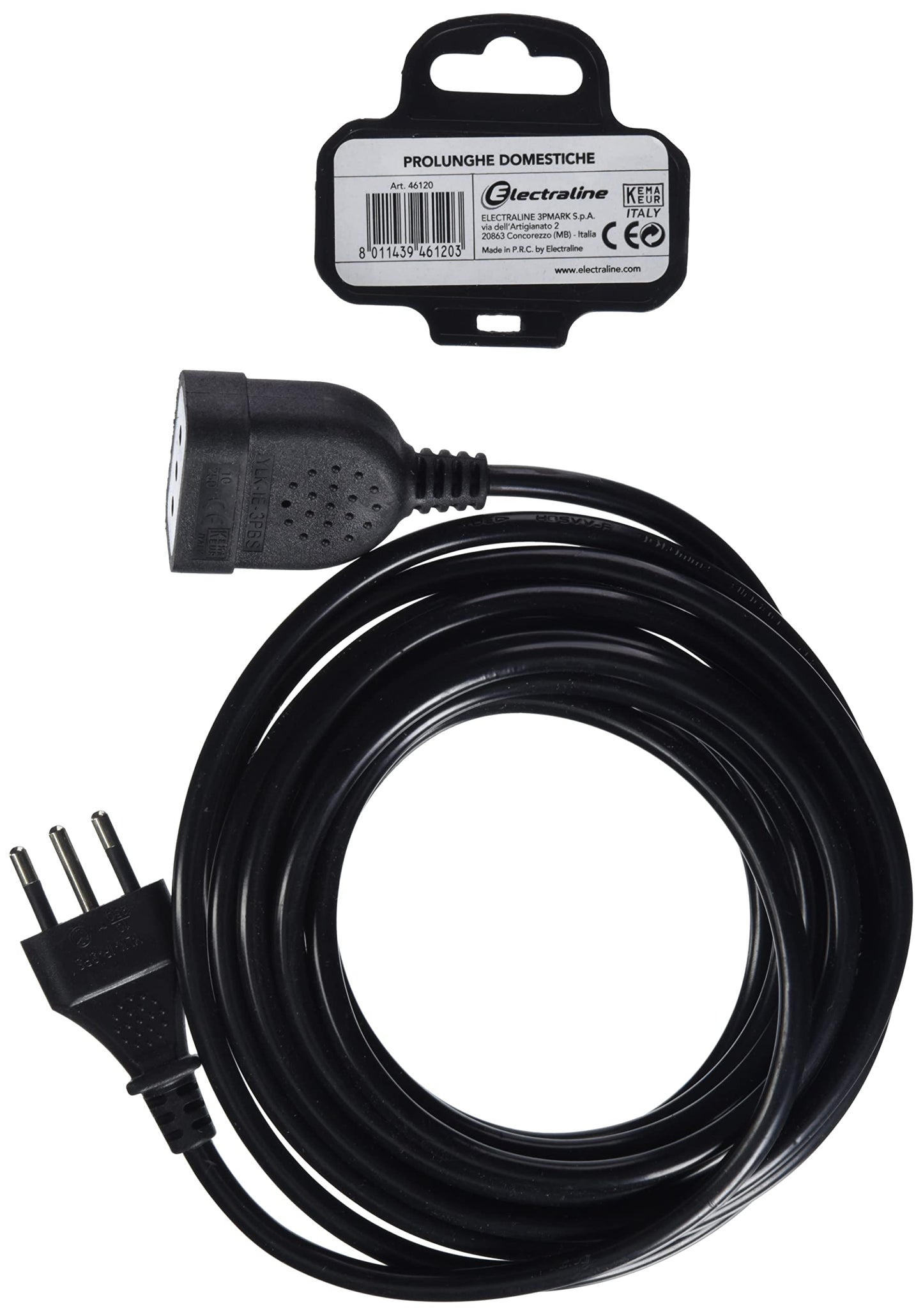 Electraline 46120 Prolunga 5 mt spina e presa piccola 10A, nero - sezione cavo 3G1 mm²