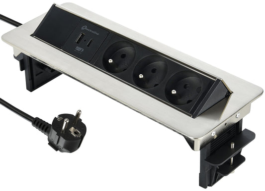 Electraline 35445 - Blocco multipresa retrattile, piano di lavoro con 3 16 A, standard francese + 2 3,1 A + 1 USB tipo C 15,5 W, presa da incasso per cucina, cavo 2 m, nero, orizzontale