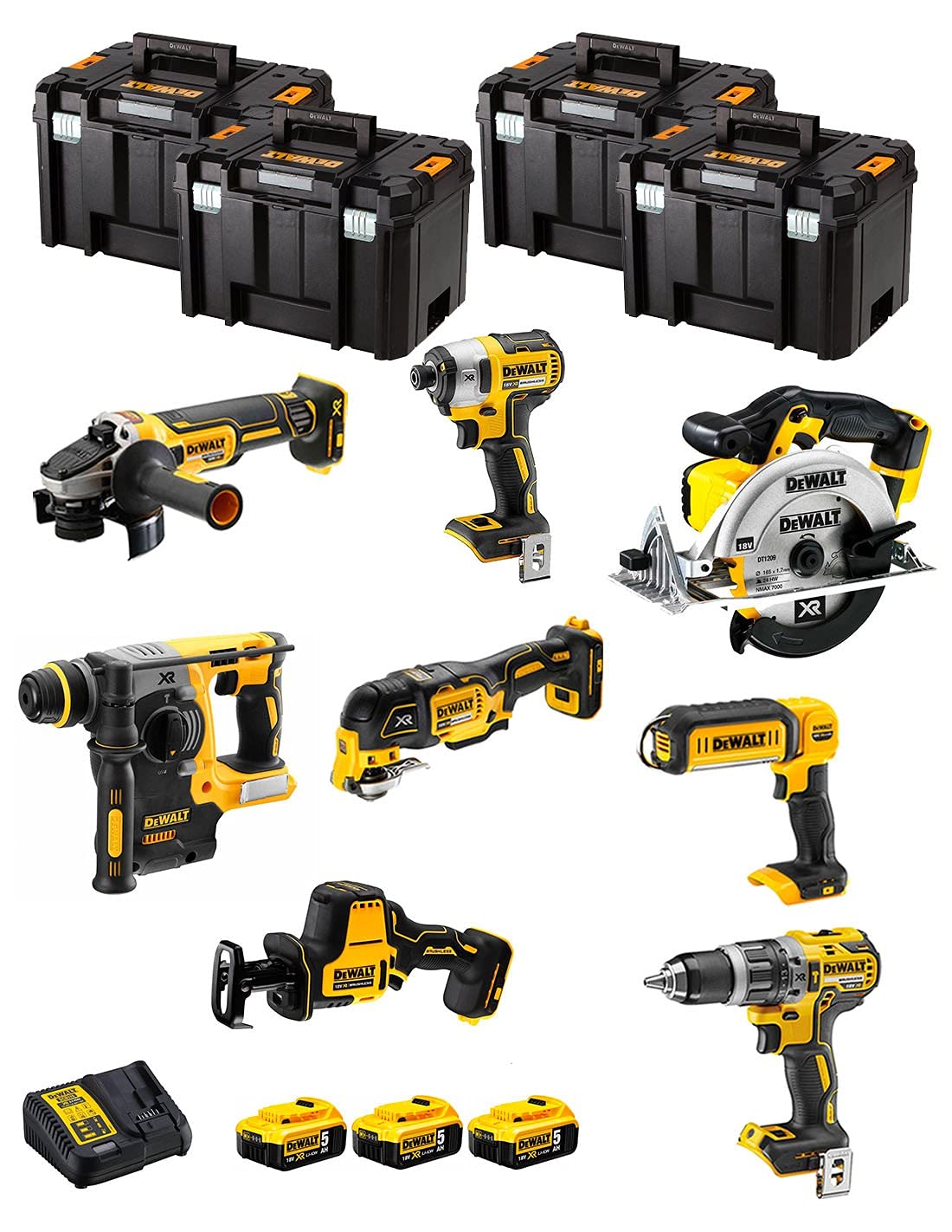 DeWALT Kit DWK802T (DCD796 + DCH273 + DCG405 + DCF887 + DCS355 + DCS369 + DCS391 + DCL050 + 3 Batterie 5,0 Ah + Caricabatterie + 4 x TSTAK VI)