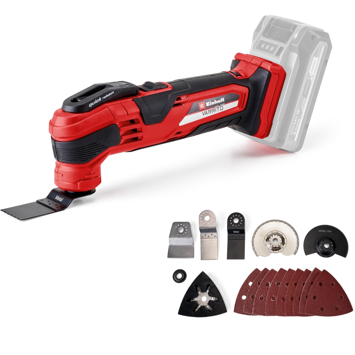 Einhell Utensile Multifunzionale a Batteria Varrito, Power X-Change (Li-Ion, 18 V, 11000-20000 min.-1, blocco rapido, portautensili regolabile in 12 posizioni) Nero/Rosso