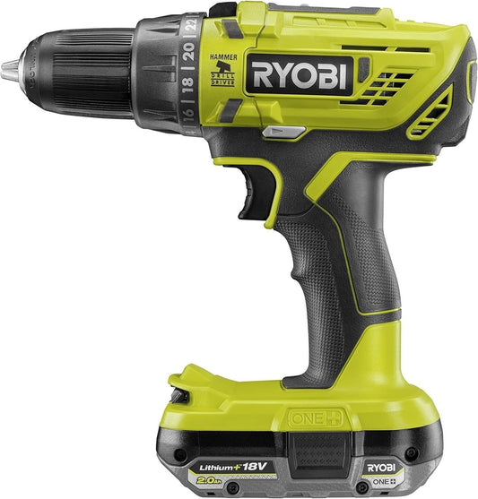 Ryobi R18PD32-1C20G, Trapano a Percussione a Batteria 18V ONE+, 2 Velocità, 24 Posizioni di Coppia, Ideale per Forare Legno e Muratura, Luce LED, 1 Batteria al Litio 2.0Ah e 1 Caricabatterie