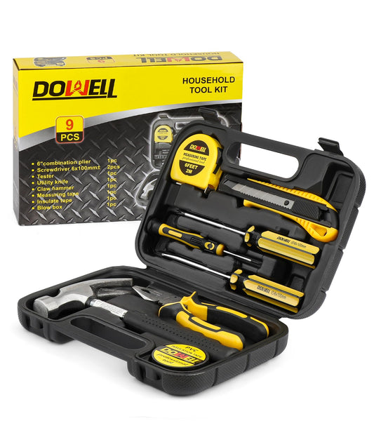 DOWELL Piccolo Homeowner Tool Set 9 Pezzi Generale Famiglia Piccolo Tool Kit con Plastica Scatola Attrezzi Contenitore di Stoccaggio