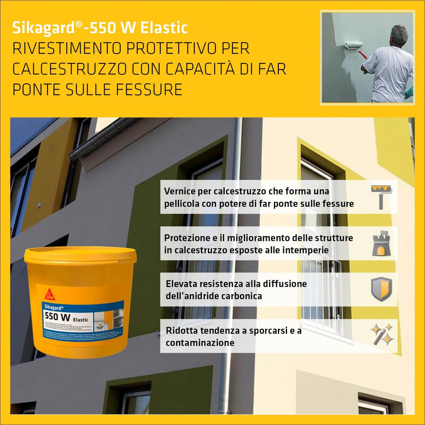 Sika - Sikagard 550W Elastic, RAL9016 - Rivestimento protettivo per calcestruzzo, con capacità di fare ponte sulle fessure - Bidoni da 15L