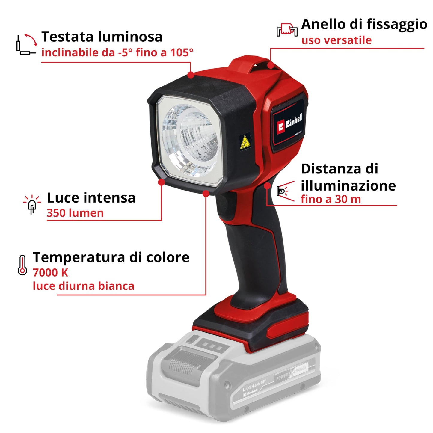 Torcia a batteria Einhell TC-CL 18/350 Li-Solo Power X-Change (18 V, 350 lm, 7000 K, portata 30 m, testata orientabile, luce LED di alta qualità, batteria esclusa)