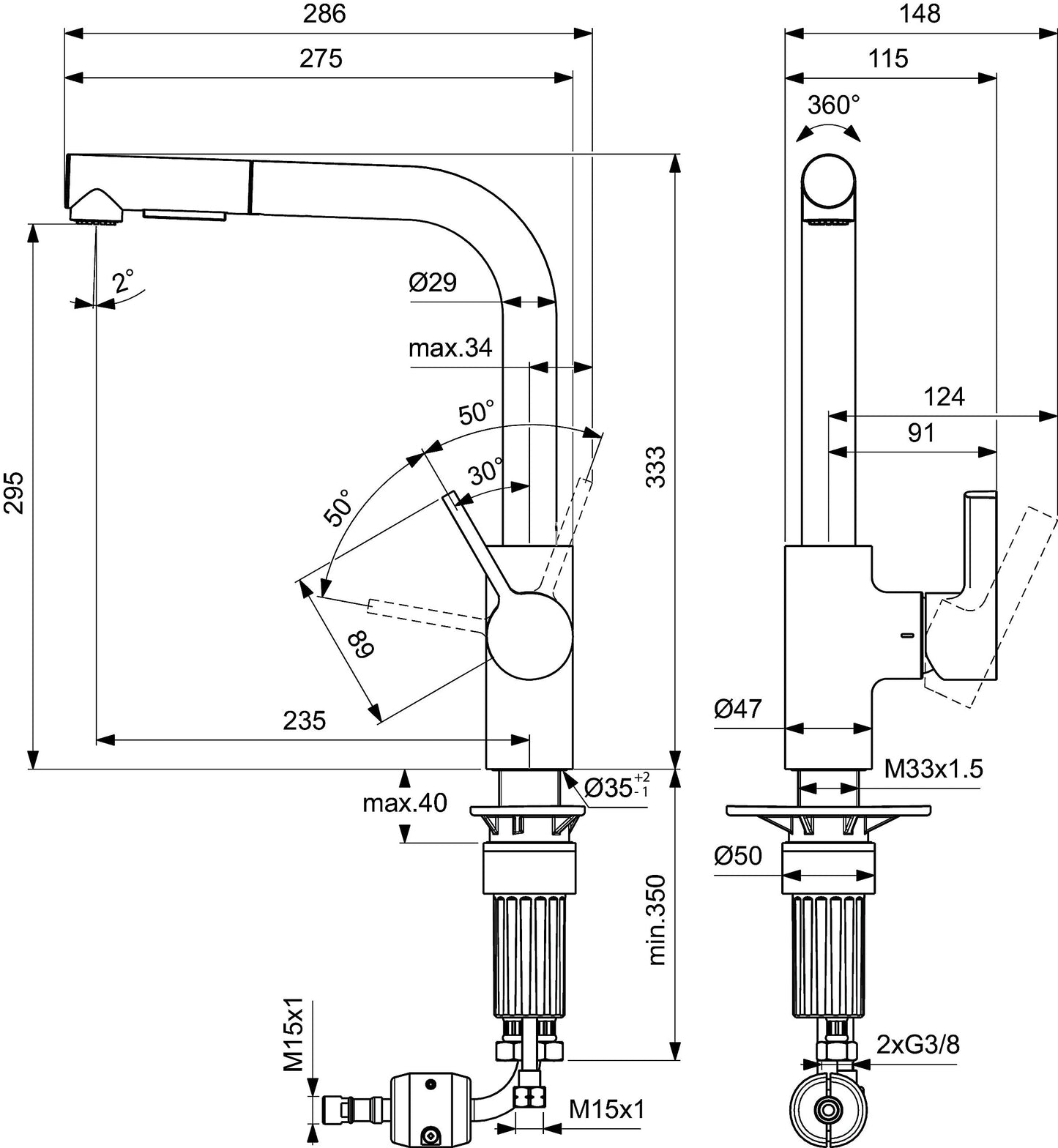 Ideal Standard - Gusto, Miscelatore monocomando per lavello da cucina, Bocca ad L tubolare con doccetta orientabile ed estraibile a due funzioni, Cromato