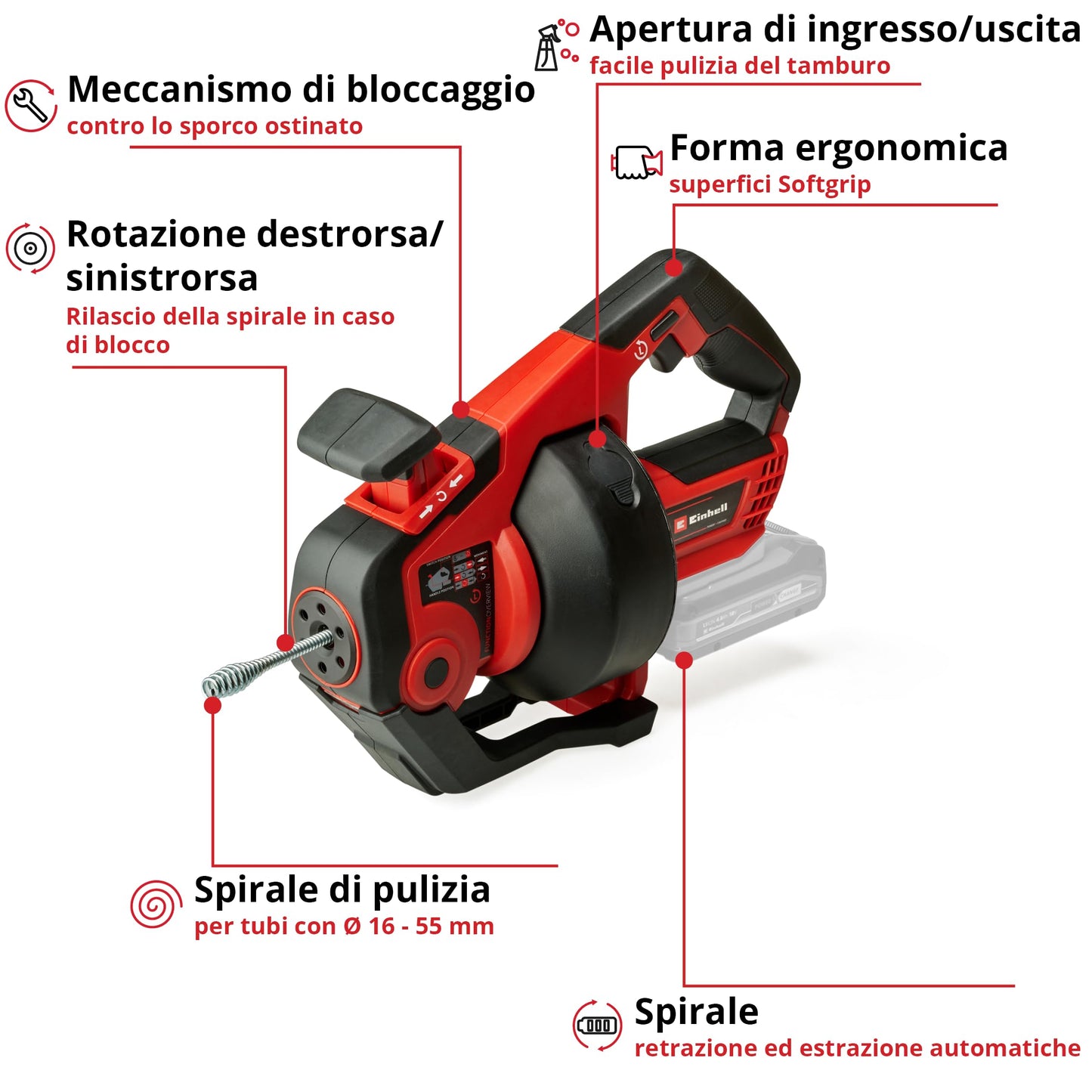 Einhell Detergente per tubi a batteria TE-DA 18/760 Li-Solo Power X-Change (18 V, Li-Ion, spirale di pulizia lunga 7,6 m, adatto per tubi di diametro 16-55 mm, fornito senza batteria e caricatore)