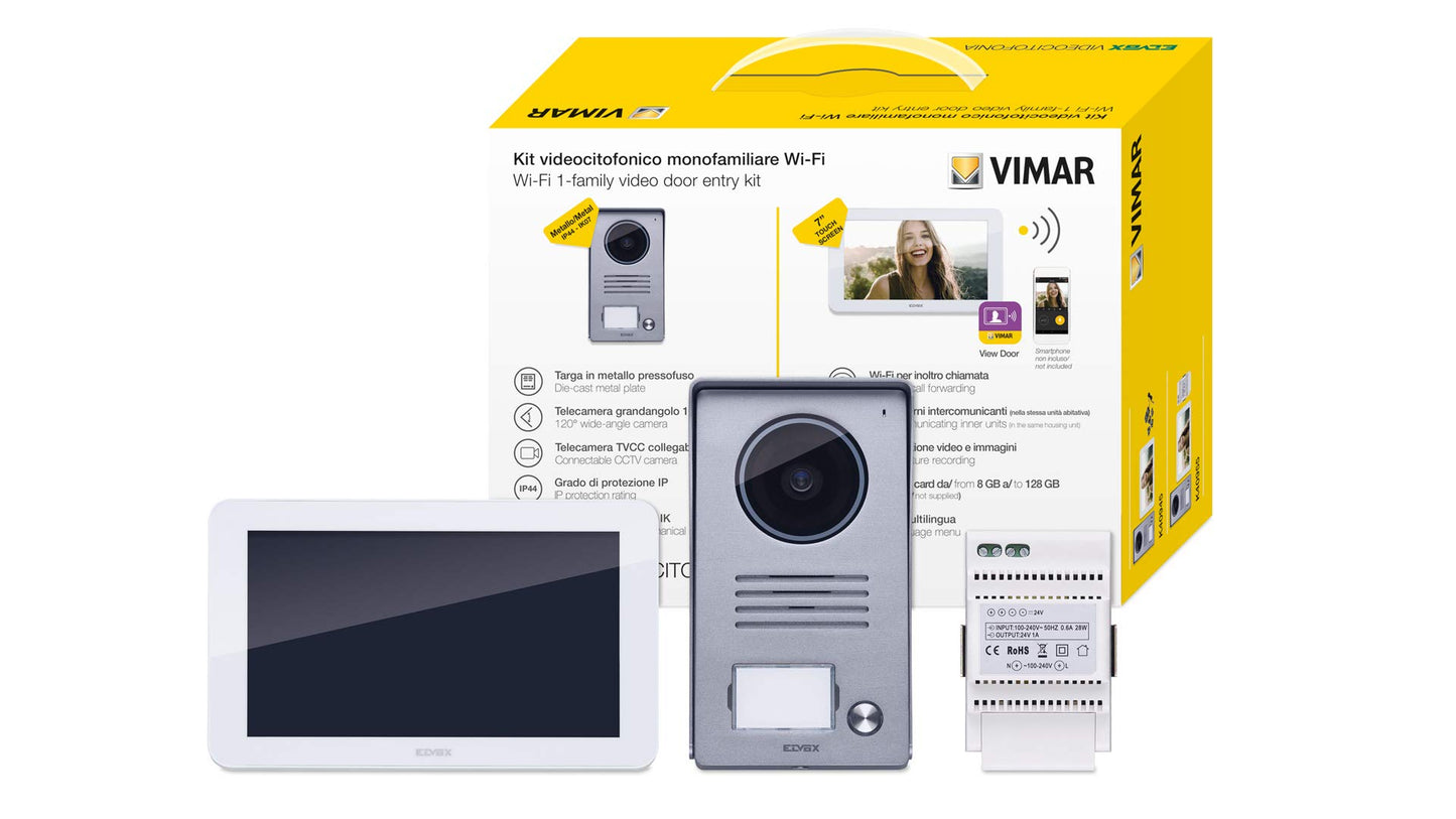 VIMAR K40955 Kit videocitofonico da parete con: videocitofono touch screen vivavoce Wi-Fi a colori LCD 7", targa audiovideo 1 pulsante, alimentatore, completo di staffe per il fissaggio, bianco