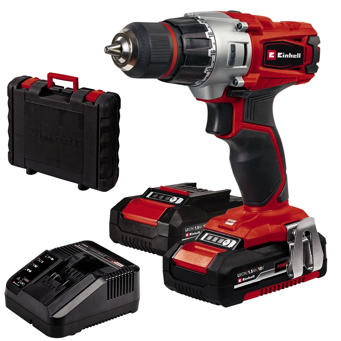 Einhell TE-CD 18/2 Li Kit (2x1,5 Ah) Trapano avvitatore a batteria (18 V, 2 velocità, vel. 1 giri min. 0-350, vel 2 giri min. 0-1250, torsione 44Nm, incl. Batteria da 1,5 Ah e caricabatteria)