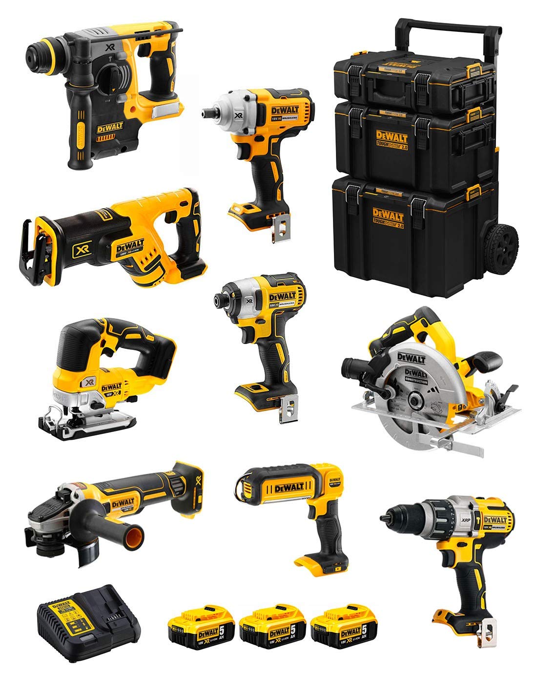 DeWALT Kit DWK901 (DCD996 + DCH273 + DCG405 + DCF887 + DCF894 + DCS334 + DCS570 + DCS367 + DCL050 + 3 Batterie 5,0 Ah + Caricabatterie + Caddy 3en1)