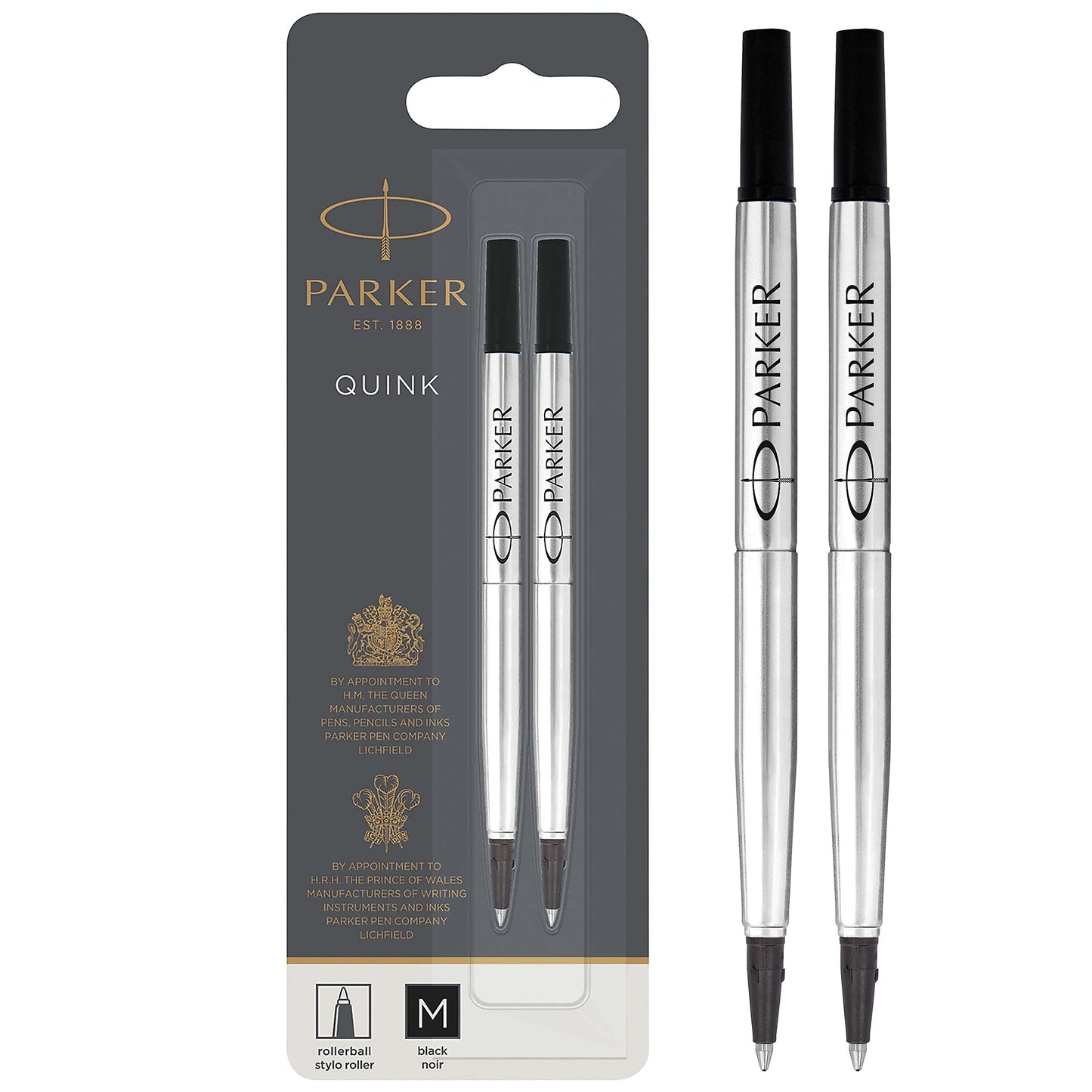 PARKER IM penna roller | Nero opaco con finiture nere | Punta fine con ricarica di inchiostro nero | Confezione regalo & ricarica per penna roller, punta media, nero, confezione da 2