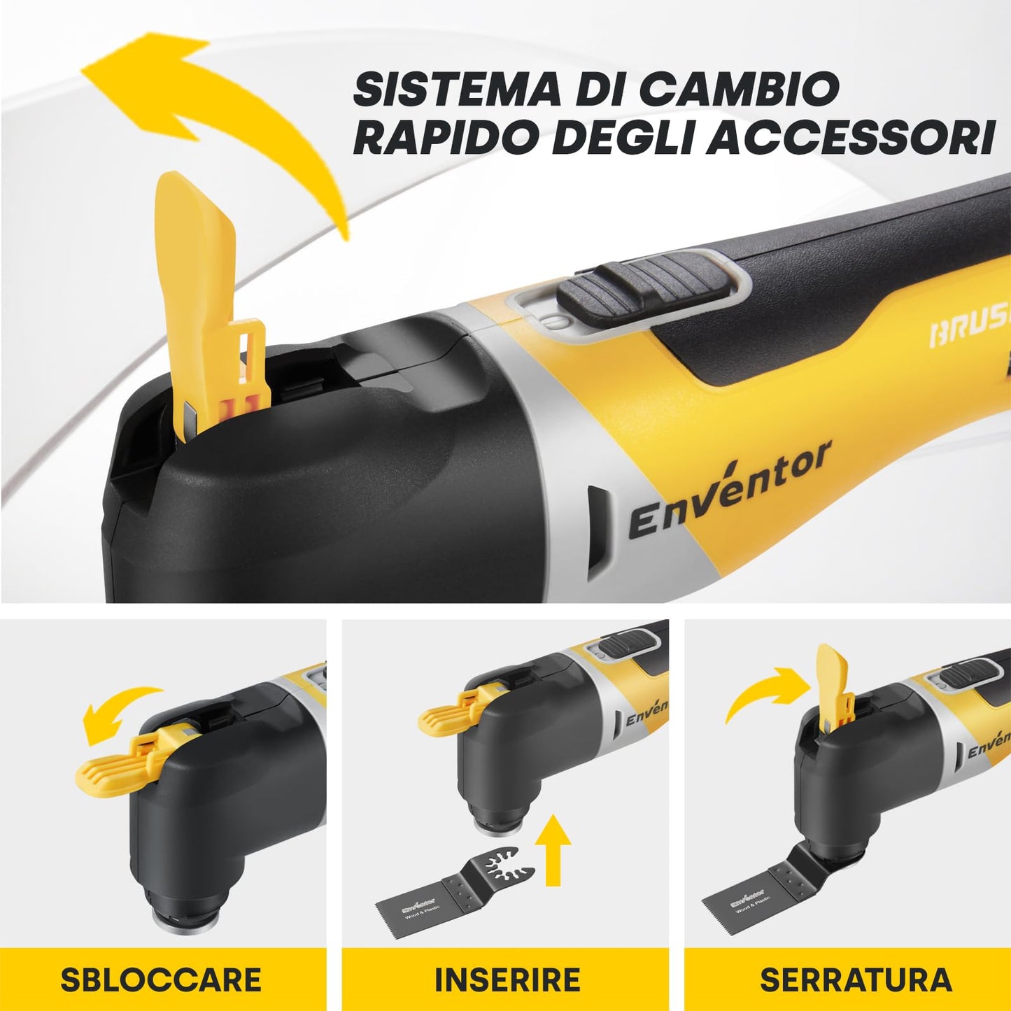 ENVENTOR Utensile Multifunzione Oscillante a Batteria da 20V Brushless, 12000-19500RPM, 6 Velocità Regolabili, 4° Angolo di Oscillazione, 28 Accessori, Per Raschiatura, Taglio, Lucidatura