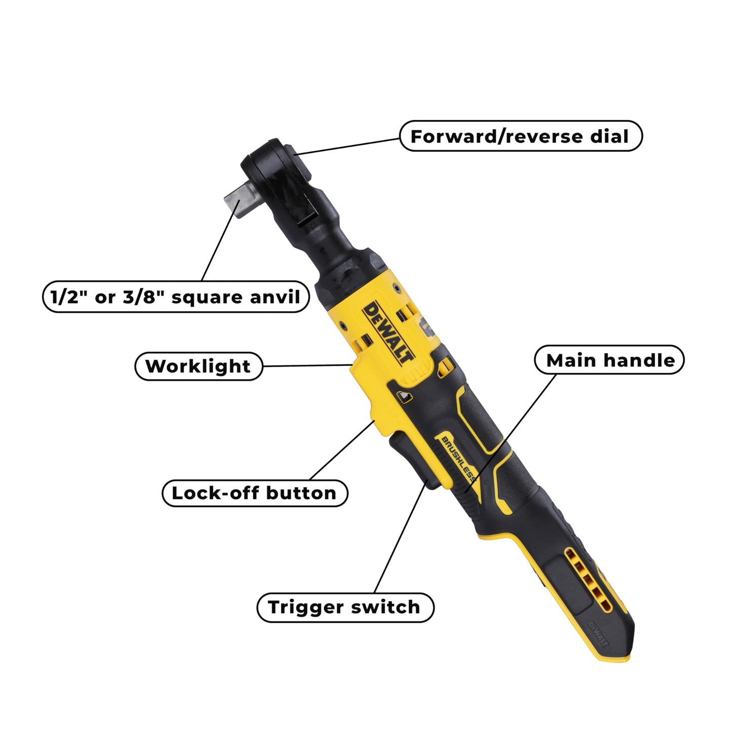 DEWALT DCF512N-XJ Cricchetto attacco 1/2", motore brushless, Attacco 1/2" maschio, Coppia max 95 Nm,