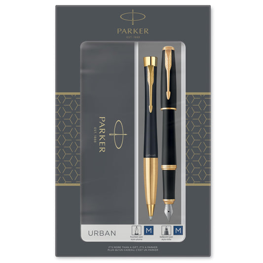 Parker Urban Duo Set con Penna a Sfera e Penna Stilografica Muted Black Golden Trim, Nero Opaco con Finiture in Oro, Cartuccia e Ricarica di Inchiostro blu, Confezione Regalo