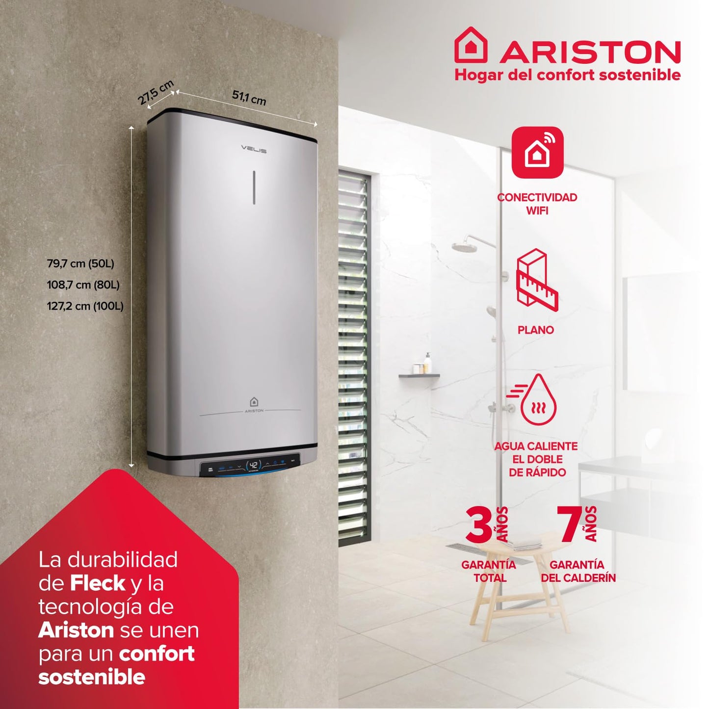 Ariston, Velis Tech Dry Wifi - Scaldabagno elettrico multiposizione, termico elettrico, 50 litri, con Wifi e funzione ECO-EVO 79,7 x 27,5 x 51,5 cm, per installazione in Spagna (classe energetica B)