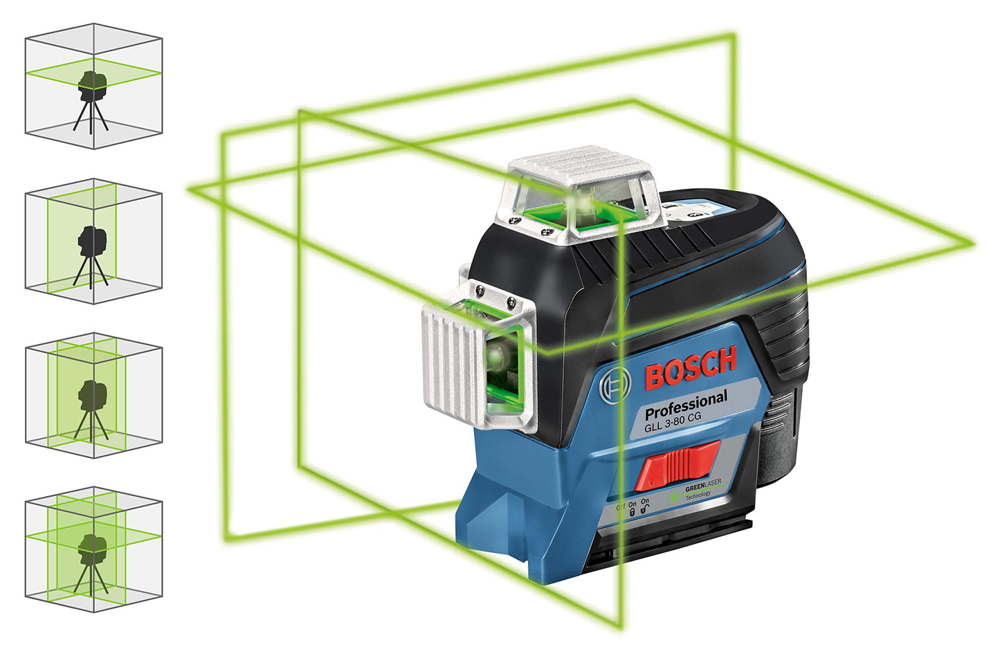 Bosch Professional 12V System Livella Laser GLL 3-80 CG (1 batteria 12V + Caricabatteria, laser verde, da interno, con app, raggio d’azione: fino a 30 m, Supporto universale BM 1, L-BOXX)