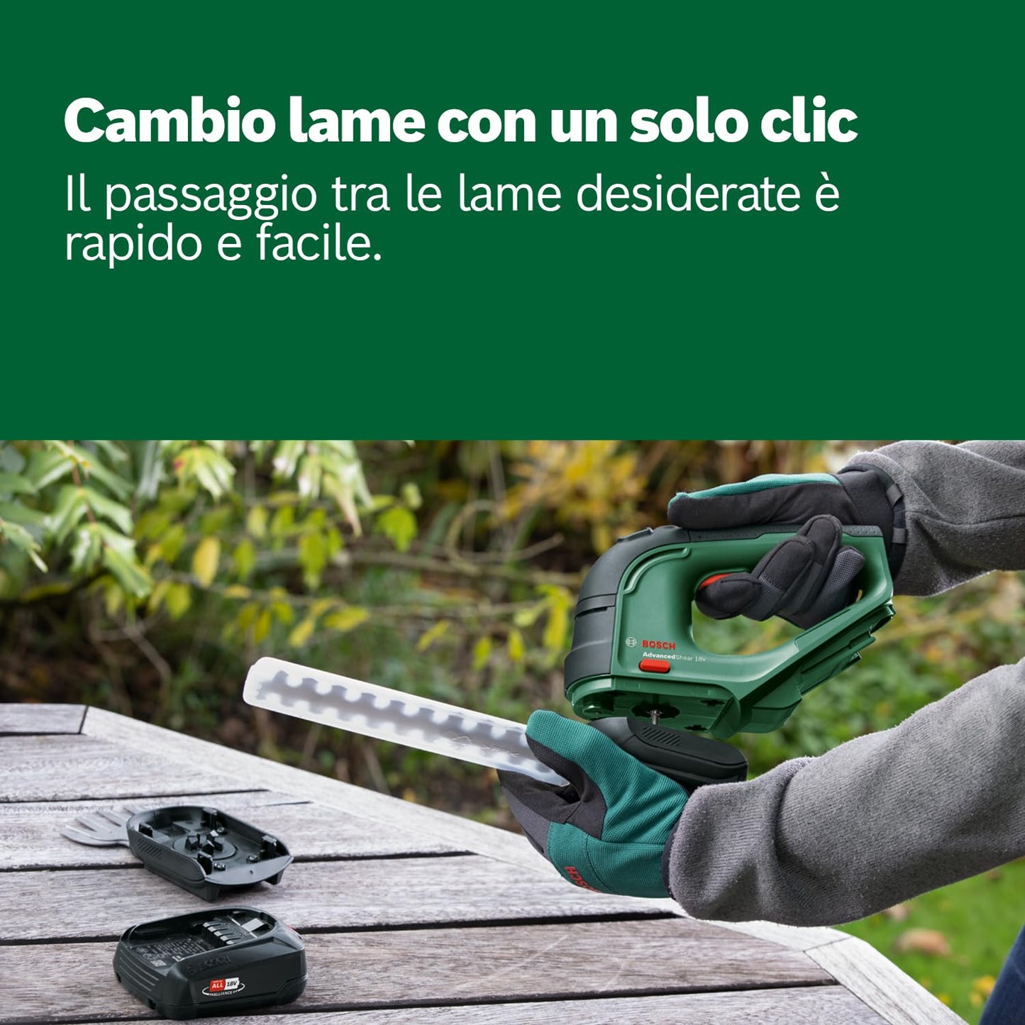 Bosch Home and Garden Cesoia per erba a batteria AdvancedShear 18V-10 (1 da 2,0 Ah, sistema 18 Volt, fino 85 m² di taglio, con lame rifilasiepi e erba, in confezione cartone)