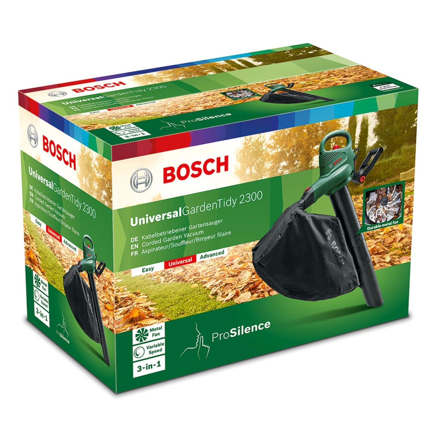 Bosch Soffiatore/aspiratore elettrico UniversalGardenTidy 2300, 2300 W, sacco di raccolta da 45 l, velocità variabile, per soffiare, aspirare e triturare foglie, confezione in cartone