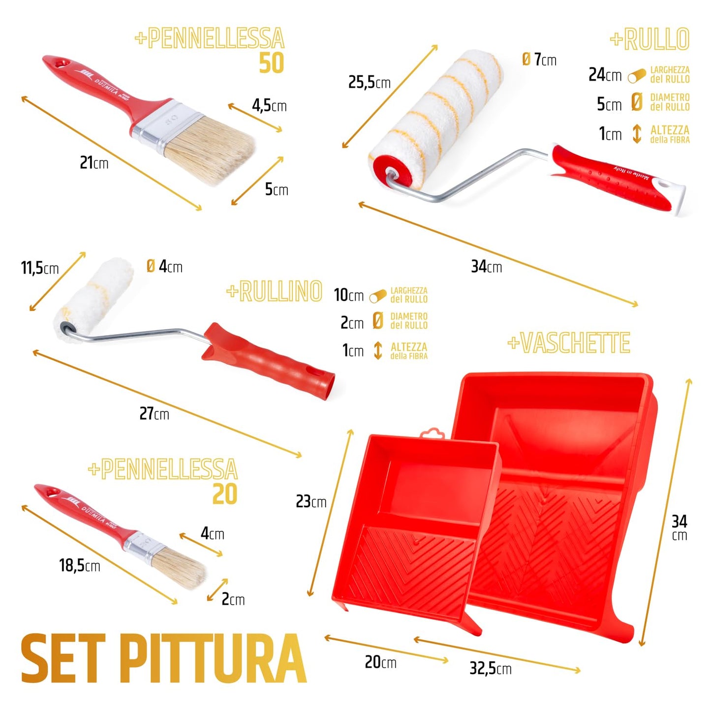 PENNELLIFICIO 2000 | Kit per Verniciatura con 2 Vaschette, 2 Rulli, e 2 Pennelli, Set Pittura, Per Verniciare, Idropittura, Pareti Interne, Lisce e Poco Ruvide - Made in Italy