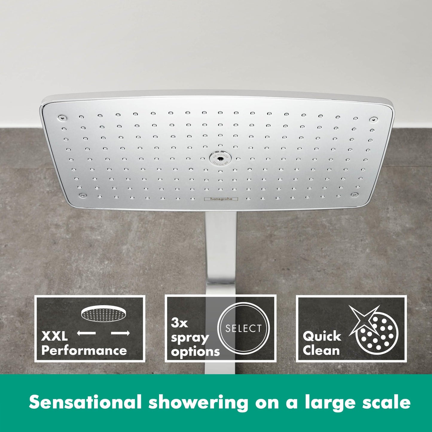 hansgrohe Raindance E - Colonna doccia con miscelatore termostatico, Sistema doccia (360 x 190 mm) con rubinetto, doccetta (3 getti), tubo, asta e soffione doccia quadrato, cromo, 27112000