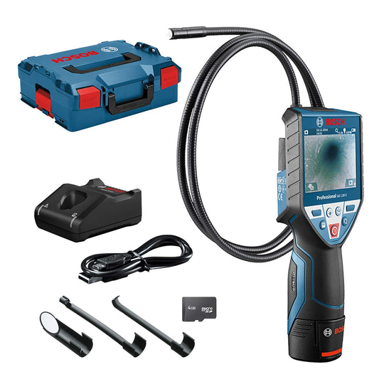 Bosch Professional 12V System Telecamera di ispezione GIC 120 C (1 batteria 12V, lunghezza del cavo: 120 cm, schermo: 3,5’’, 4x batterie AA, in L-BOXX)