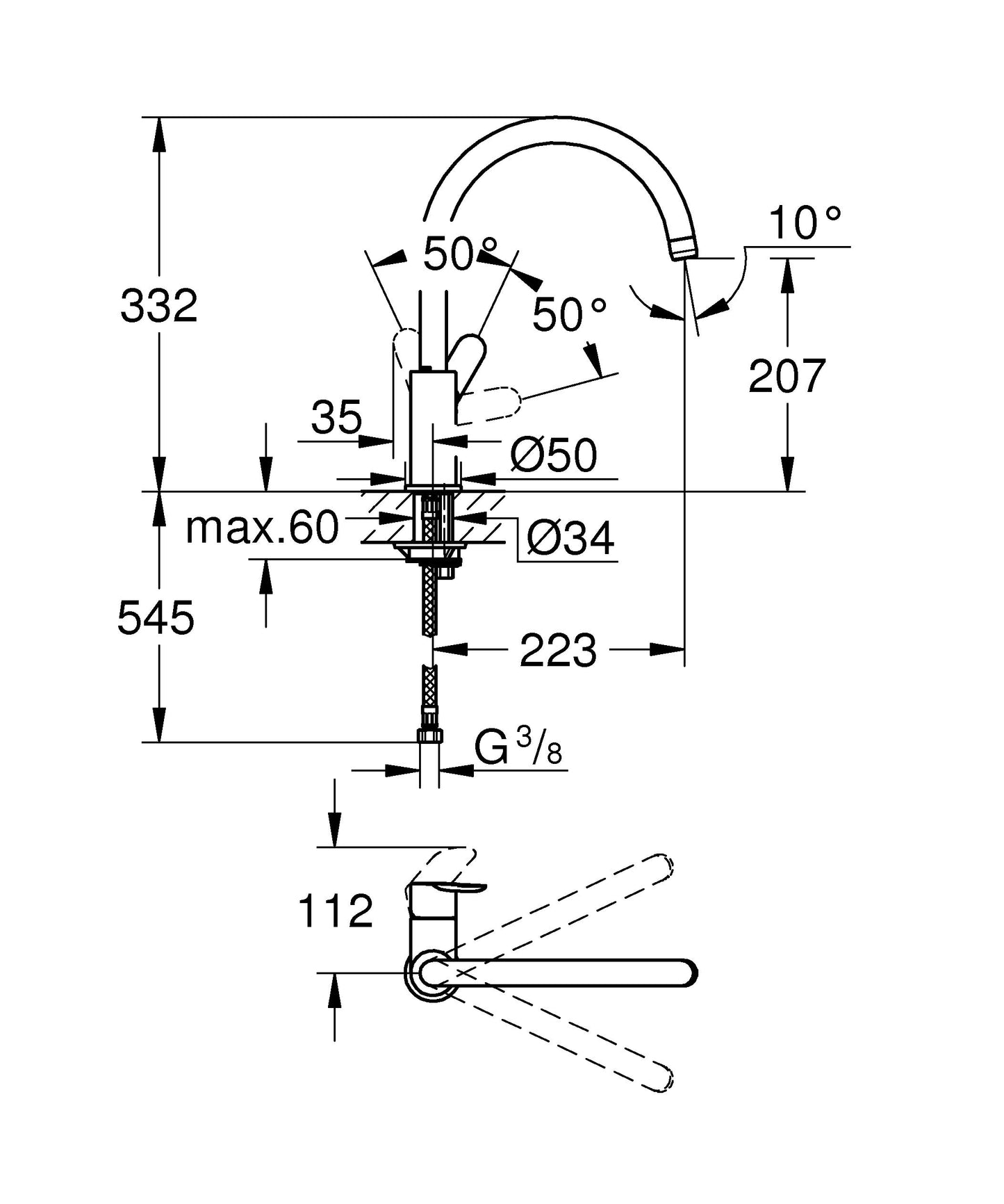 GROHE BauEdge – Miscelatore da cucina monocomando (installazione monoblocco, bocca alta, area di rotazione 360˚, cartuccia in ceramica da 28 mm), dimensioni 332 mm, cromato, 31367001